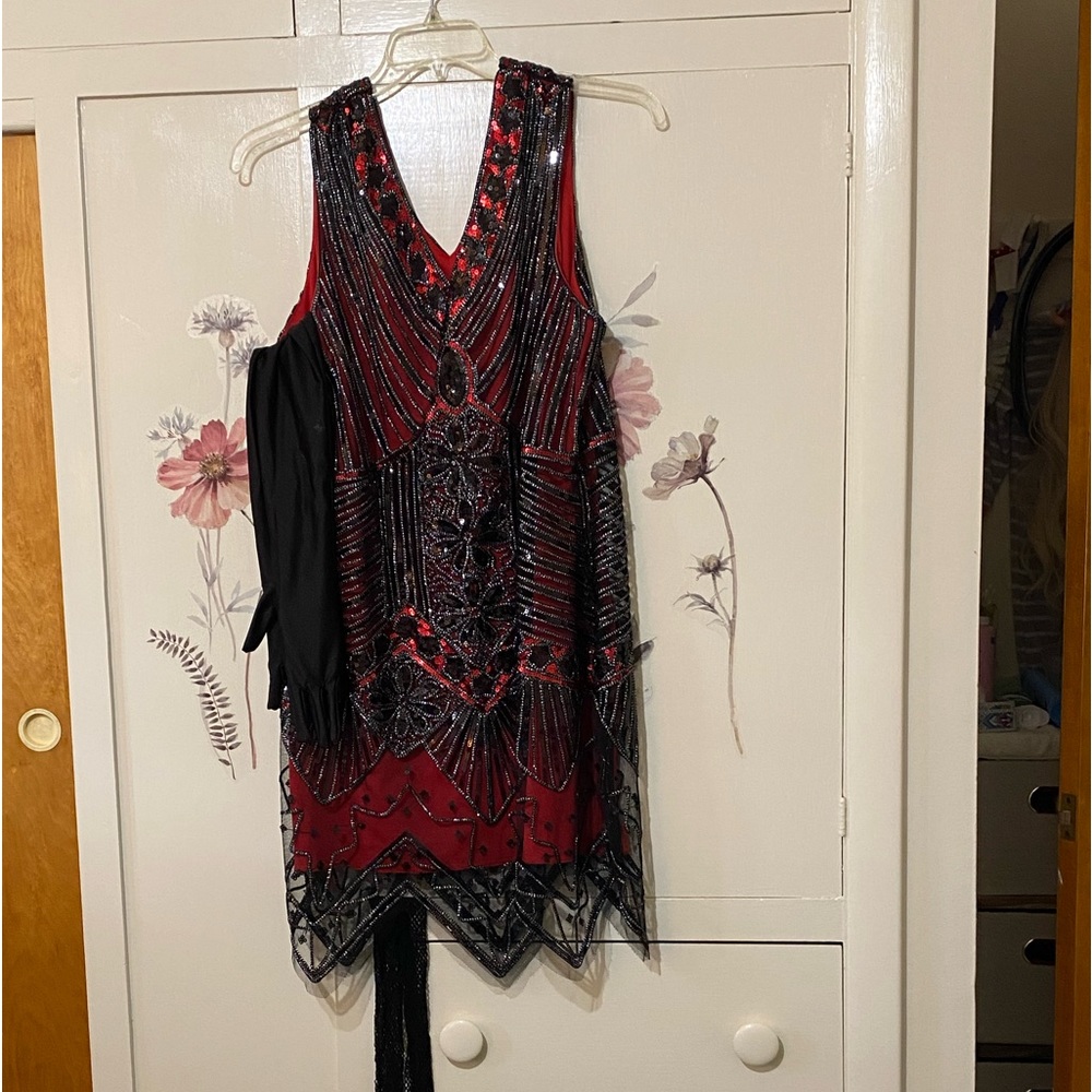 FUNDAISY  1920’s Flapper party mini dress red&black sequins w accessories